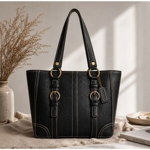 Coach Chelsea Pebbled Leather Tote Black Shoulder Bag Brass Hardware Work Bag